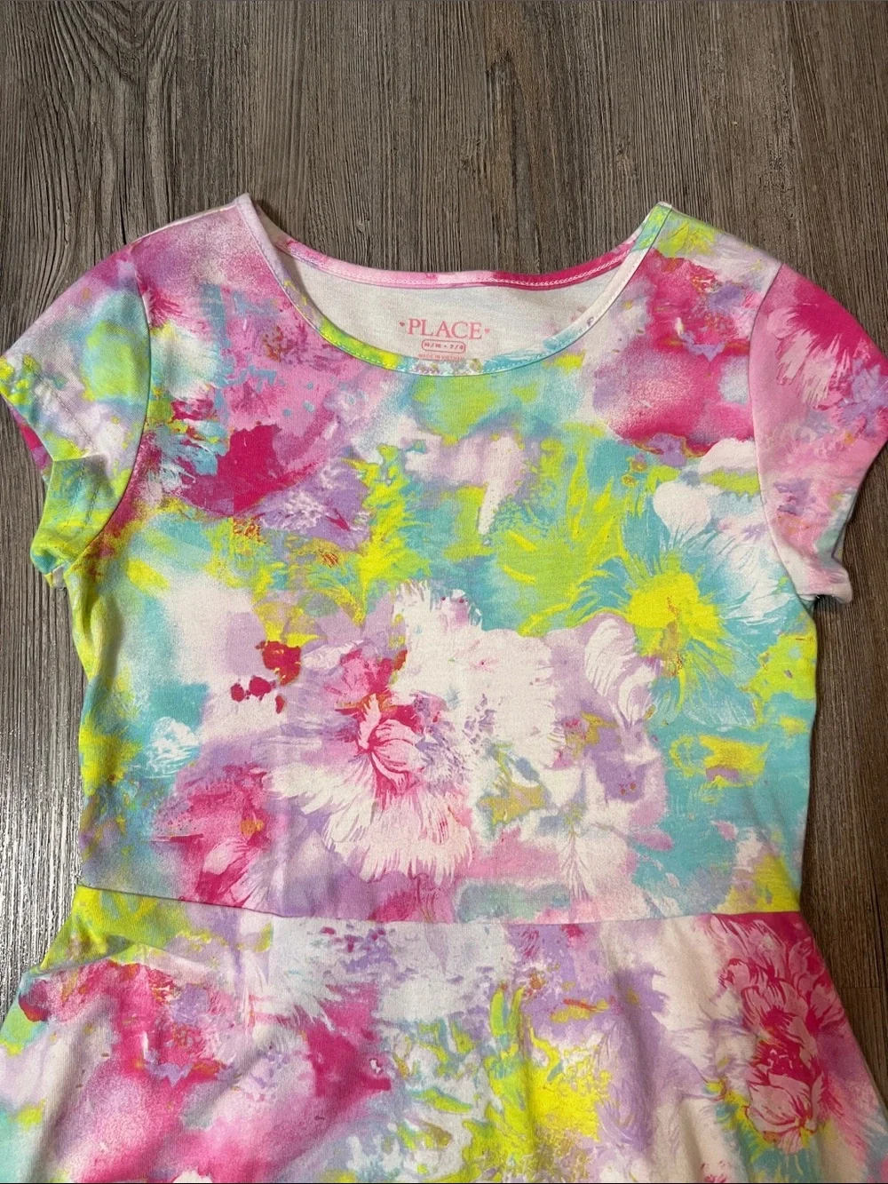 The Children's Place Pink Yellow Blue Floral Tie-Dye Skater Dress - Picture 3 of 5